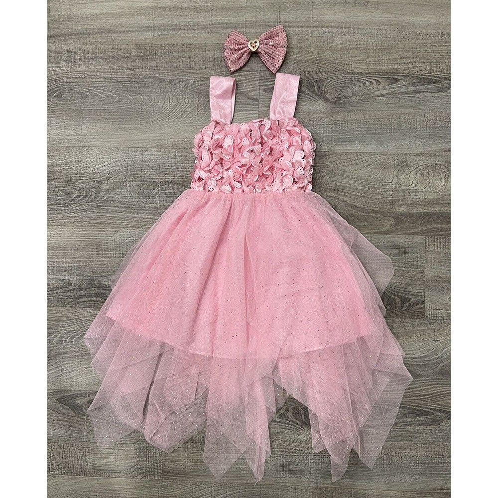 POPATU Girl’s Dress Sz 5 Pink Sparkly Tulle Satin Tie Back Bow Sequin Hair Bow